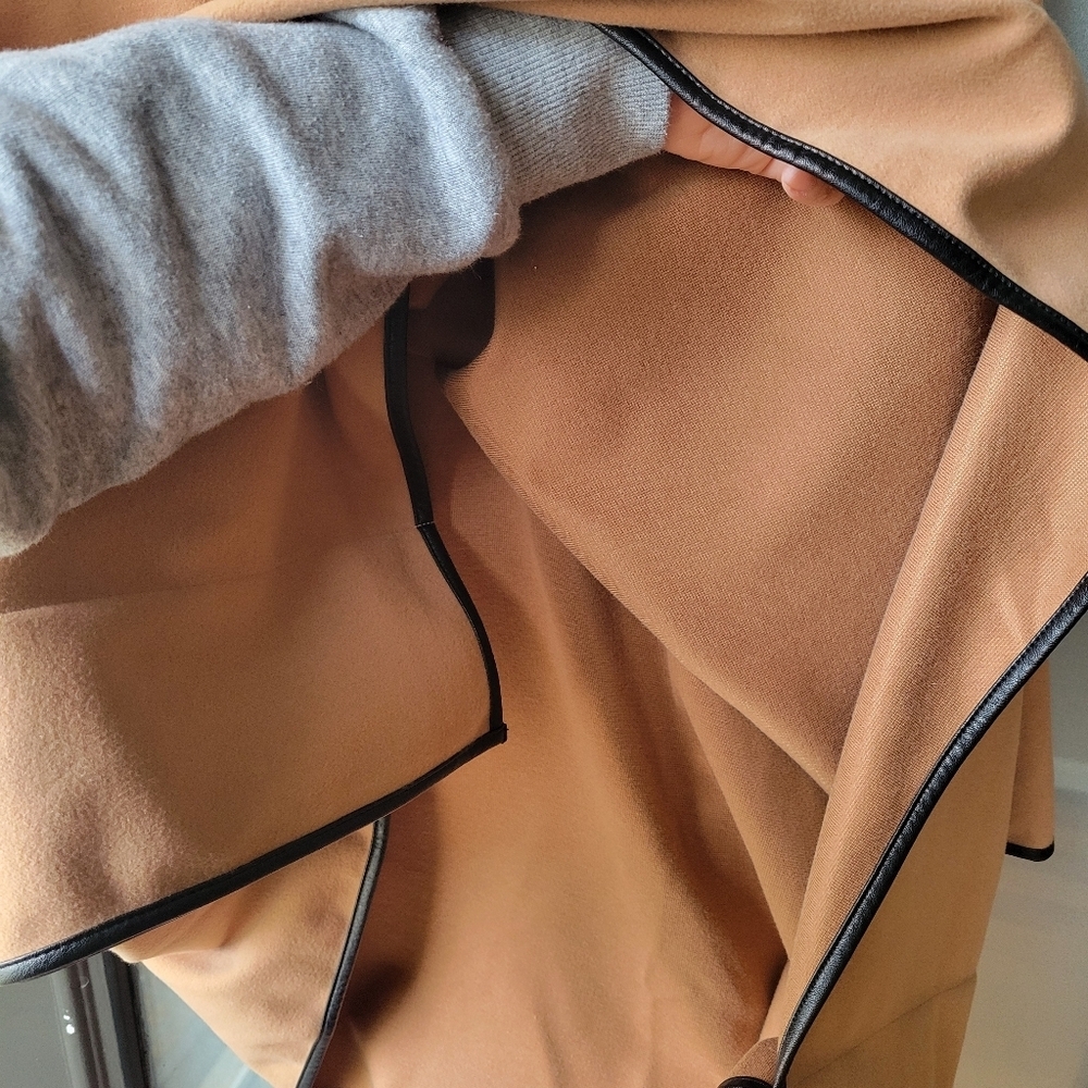 Tuckernuck Piper Poncho Camel color One Size Faux Leather Trim Funnel Neck - Picture 6 of 10